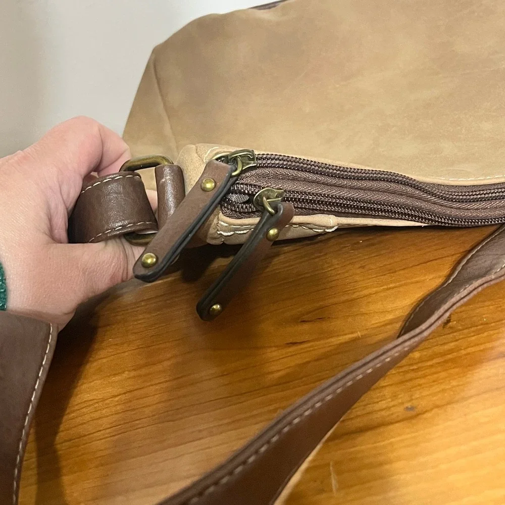 BOC Born Concept Crossbody Bag‎ Tan Faux Suede Brown Trim Stitched Messenger Bag